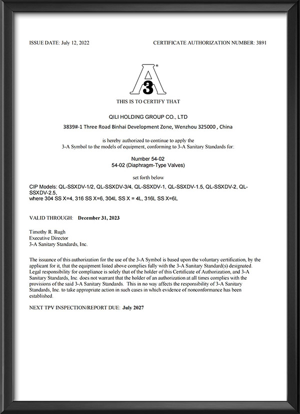 3A Certification - Diaphragm Valve