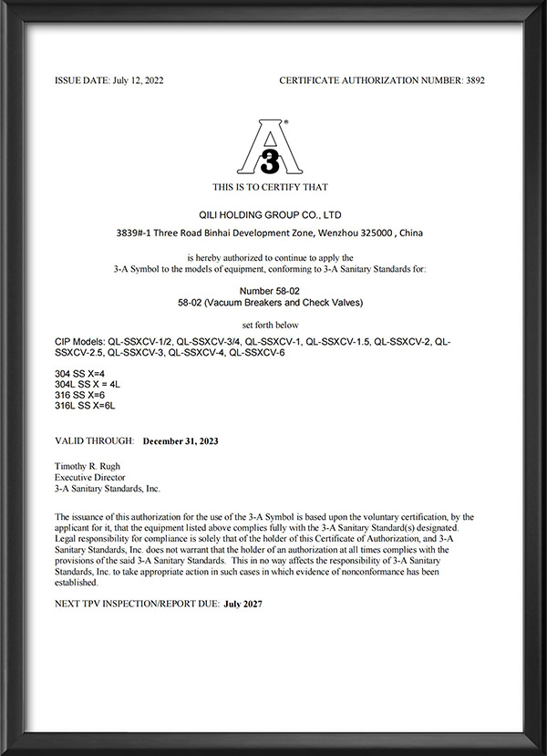 3A Certification - Vacuum and check valves